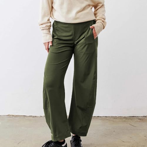Women Barrel Travel Pants Elastic Waistband Tapered Leg Baggy Mid Rise Work Trousers Lounge Pant with Pockets