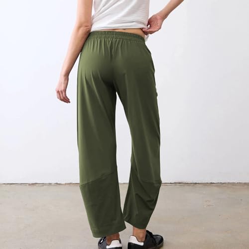 Women Barrel Travel Pants Elastic Waistband Tapered Leg Baggy Mid Rise Work Trousers Lounge Pant with Pockets