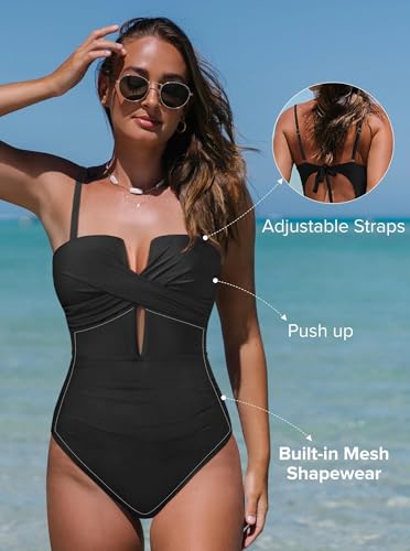 popvil Women’s One Piece Swimsuit Tummy Control V Neck Cutout Bathing Suit Slimming Shapewear Monokini