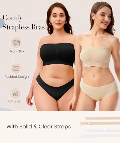 Strapless Bra for Women No Slip Silicone Grip Bandeau Bra with Fixed Pads Convertible Tube Top Bra with Fabric & Clear Straps