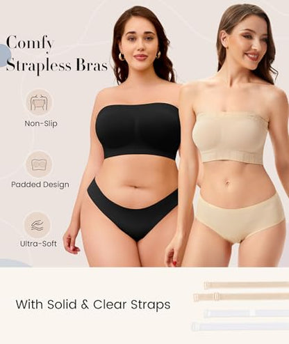 Strapless Bra for Women No Slip Silicone Grip Bandeau Bra with Fixed Pads Convertible Tube Top Bra with Fabric & Clear Straps
