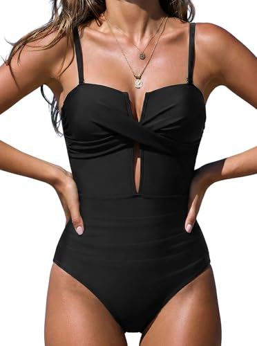 popvil Women’s One Piece Swimsuit Tummy Control V Neck Cutout Bathing Suit Slimming Shapewear Monokini