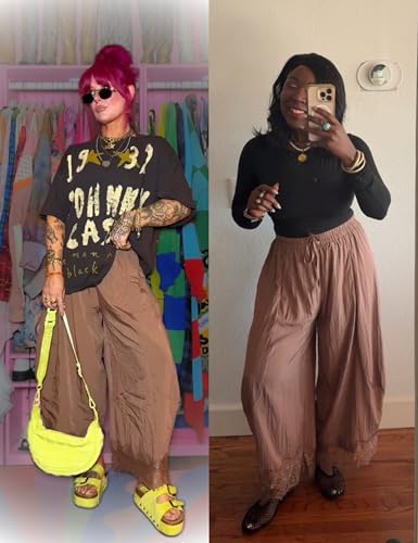 Women's Cropped Lace-Hem Pants High Waisted Drawstring Wide Leg Pants Casual Lightweight Trousers with Pockets