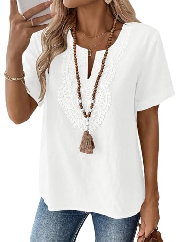 Womens Short Sleeve Tops Cotton Linen Shirts Loose Casual V Neck Lace Blouses Summer Vacation Clothes