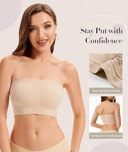Strapless Bra for Women No Slip Silicone Grip Bandeau Bra with Fixed Pads Convertible Tube Top Bra with Fabric & Clear Straps