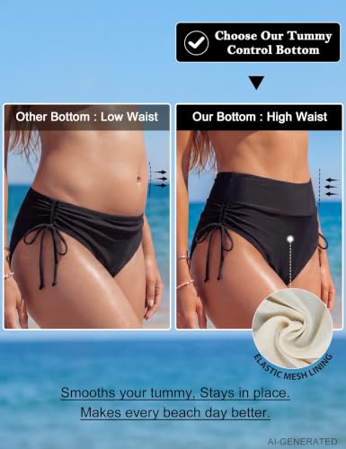 Women's High Waisted Bikini Bottoms Full Coverage Tummy Control Swim Bottom String Tie Side Tankini Brief