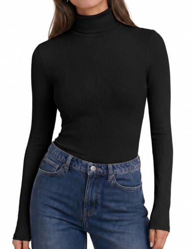 Women Turtleneck Long Sleeve Shirts Ribbed Casual Basic Tops Fitted Underwear Thermal Undershirts Winter Clothes