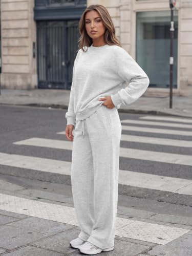 Trendy Queen Womens 2 Piece Sweatsuit Fall Sweat Outfits Lounge Sets 2026 | Soft Fleece Interior, Chic Drop Shoulder, Travel Fashion Matching, Wide Leg Draping, Elastic Waistband, Deep Side Pockets