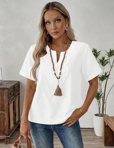 Womens Short Sleeve Tops Cotton Linen Shirts Loose Casual V Neck Lace Blouses Summer Vacation Clothes