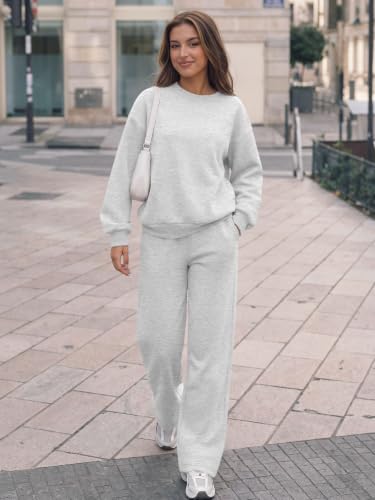Trendy Queen Womens 2 Piece Sweatsuit Fall Sweat Outfits Lounge Sets 2026 | Soft Fleece Interior, Chic Drop Shoulder, Travel Fashion Matching, Wide Leg Draping, Elastic Waistband, Deep Side Pockets