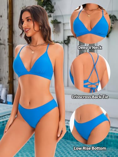karrack Bikini Set for Women Two Piece Triangle Swimsuits V Neck Low Rise Crisscross Back Self Tie Spaghetti Straps