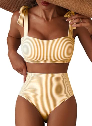 Women's Tie Shoulder Bikini Sets 2 Piece Striped Swimsuits High Waisted Bathing Suits