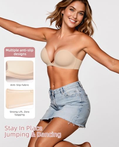 Upushall Strapless Push Up Bras for Women Padded Deep Plunge U Shape Halter Non Slip Seamless Bra