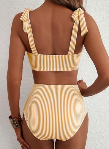 Women's Tie Shoulder Bikini Sets 2 Piece Striped Swimsuits High Waisted Bathing Suits