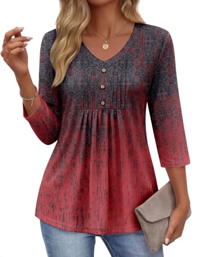 3/4 Length Sleeve Womens Tops V Neck Blouses Casual Pleated Shirts