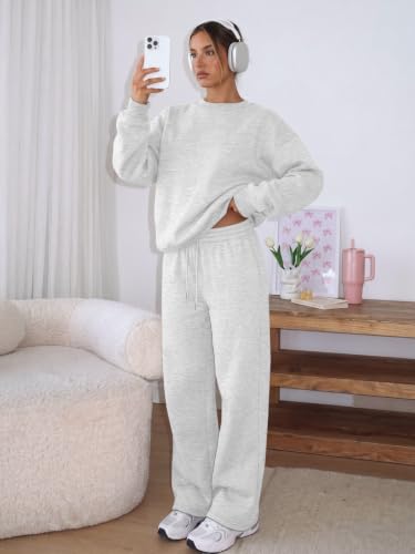 Trendy Queen Womens 2 Piece Sweatsuit Fall Sweat Outfits Lounge Sets 2026 | Soft Fleece Interior, Chic Drop Shoulder, Travel Fashion Matching, Wide Leg Draping, Elastic Waistband, Deep Side Pockets
