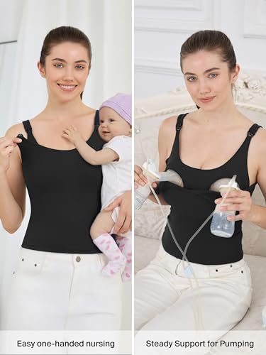 Nursing Tank Tops with Built in Bra, Nursing Sport Bra | Longline Buttery Soft fabric，One-hand nursing clips，Crop tank fit，Care label guidance，Breastfeeding Crop Shirt