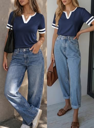 Women's Summer Tops Cotton V Neck Short Sleeve T-Shirts Colorblock Casual Tees 2026 Clothes