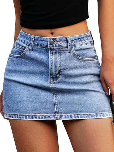 ELLEVEN Denim Mini Skirt for Women, High Stretch Low Waist Jean Skirt with Shorts Underneath Sexy Bodycon Casual Micro Skort
