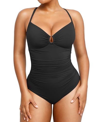 Womens Swimsuits Tummy Control Bathing Suit Slimming One Piece U-Ring Shapewear Swimwear with Ruched Waist