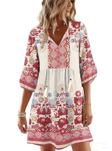 Boho Summer Dresses V Neck 3/4 Sleeve Floral Printed Loose Plus Size Flowy Beach Vacation Dress