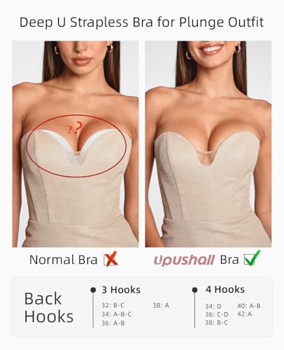 Upushall Strapless Push Up Bras for Women Padded Deep Plunge U Shape Halter Non Slip Seamless Bra