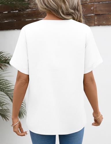 Womens Short Sleeve Tops Cotton Linen Shirts Loose Casual V Neck Lace Blouses Summer Vacation Clothes