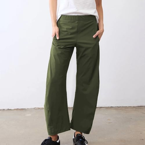 Women Barrel Travel Pants Elastic Waistband Tapered Leg Baggy Mid Rise Work Trousers Lounge Pant with Pockets