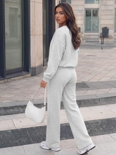 Trendy Queen Womens 2 Piece Sweatsuit Fall Sweat Outfits Lounge Sets 2026 | Soft Fleece Interior, Chic Drop Shoulder, Travel Fashion Matching, Wide Leg Draping, Elastic Waistband, Deep Side Pockets
