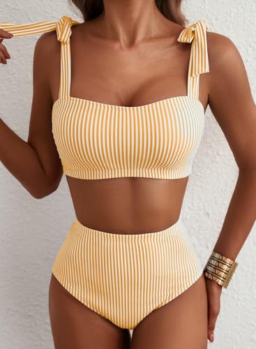 Women's Tie Shoulder Bikini Sets 2 Piece Striped Swimsuits High Waisted Bathing Suits