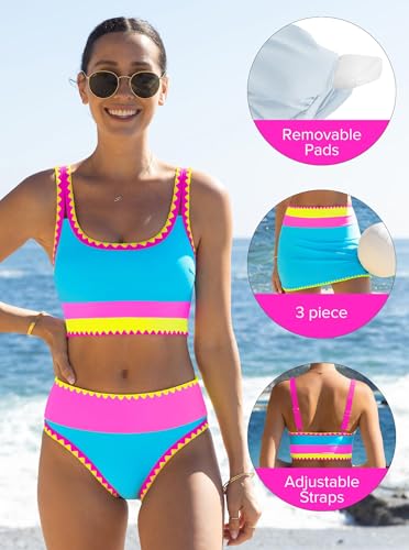 High Waisted Bikini Sets for Women Tummy Control Swimsuits 3 Piece Bathing Suits Neon Swimwear with Skirt 2026