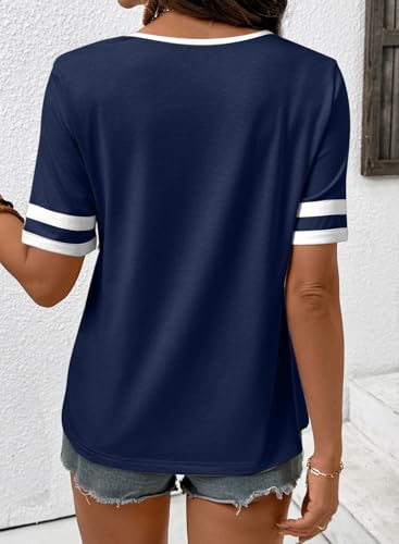 Women's Summer Tops Cotton V Neck Short Sleeve T-Shirts Colorblock Casual Tees 2026 Clothes