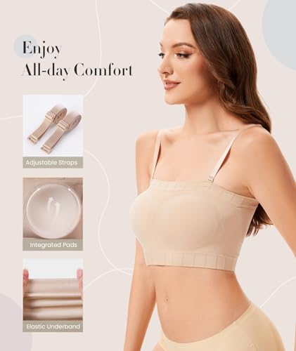 Strapless Bra for Women No Slip Silicone Grip Bandeau Bra with Fixed Pads Convertible Tube Top Bra with Fabric & Clear Straps