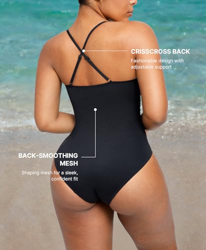 Womens Swimsuits Tummy Control Bathing Suit Slimming One Piece U-Ring Shapewear Swimwear with Ruched Waist