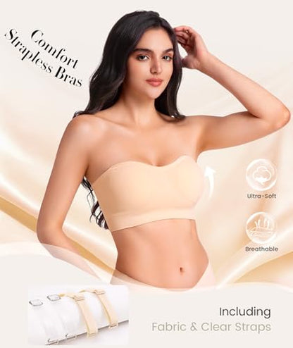 Strapless Bras for Women Non-Slip Wireless Bandeau Bra Seamless Padded Tube Top Bra Including Fabric & Clear Straps