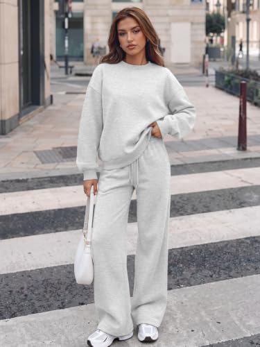 Trendy Queen Womens 2 Piece Sweatsuit Fall Sweat Outfits Lounge Sets 2026 | Soft Fleece Interior, Chic Drop Shoulder, Travel Fashion Matching, Wide Leg Draping, Elastic Waistband, Deep Side Pockets