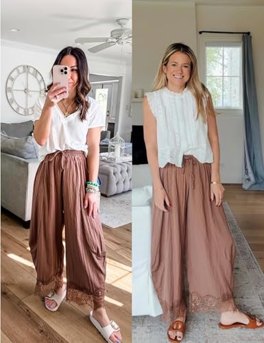 Women's Cropped Lace-Hem Pants High Waisted Drawstring Wide Leg Pants Casual Lightweight Trousers with Pockets