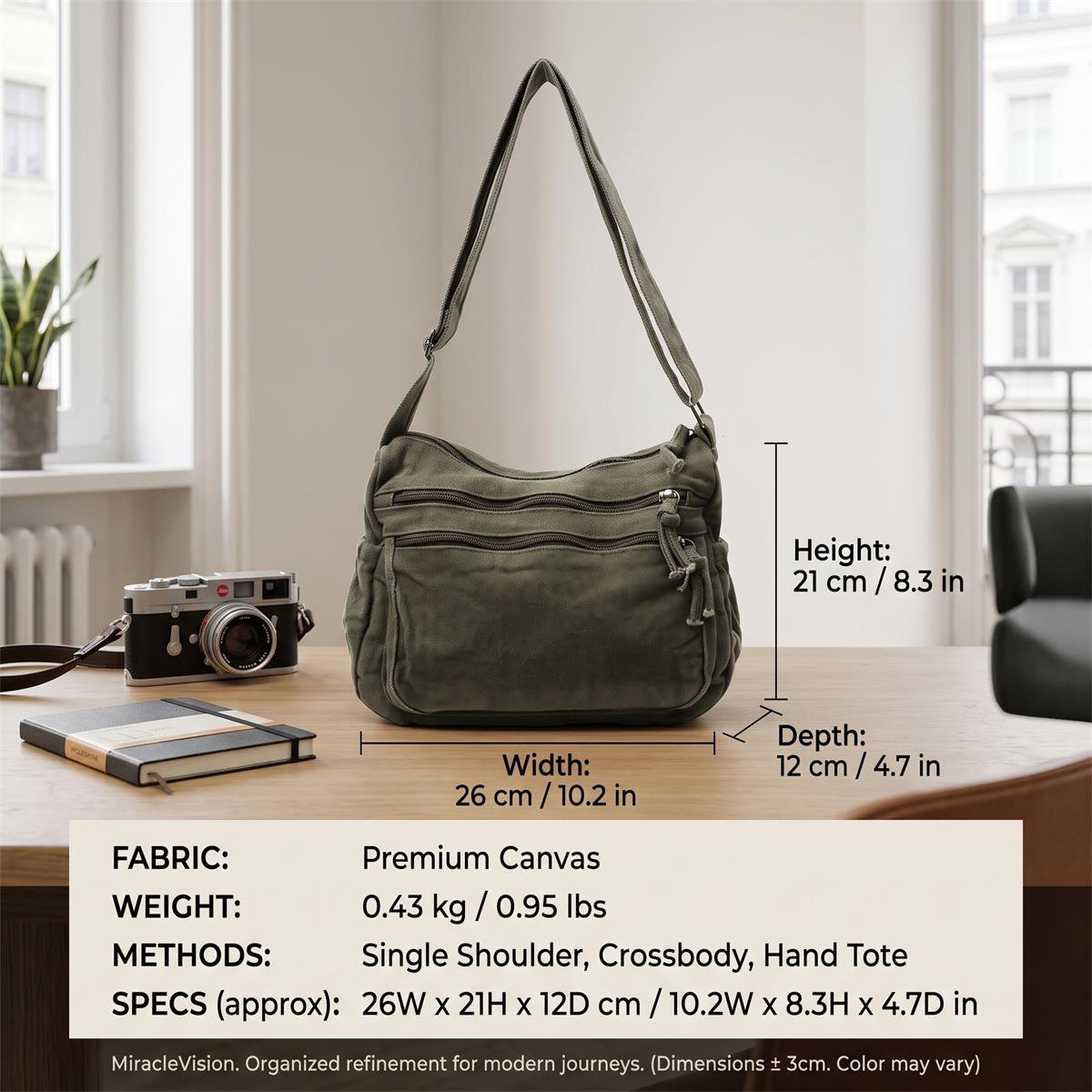 Distressed Canvas Messenger Bag - Multi-Zipper Layered Design