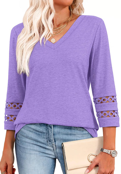 2026 New Womens 3/4 Length Sleeve Tops Trendy V Neck T Shirts
