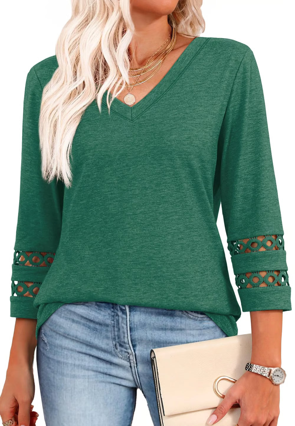2026 New Womens 3/4 Length Sleeve Tops Trendy V Neck T Shirts