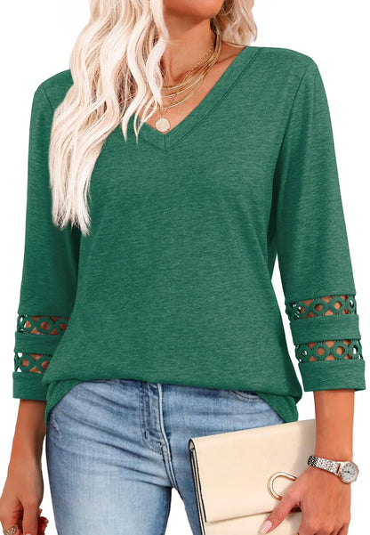 2026 New Womens 3/4 Length Sleeve Tops Trendy V Neck T Shirts