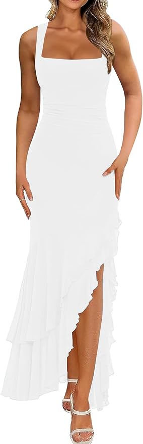 Women's Elegant Bodycon Ruched Maxi Cocktail Dress Mesh Sleeveless Mermaid Ruffle Beach Wedding Guest Long Dresses