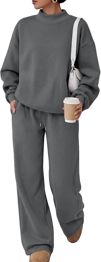 Trendy Queen Womens 2 Piece Sweatsuit Fall Sweat Outfits Lounge Sets 2026 | Soft Fleece Interior, Chic Drop Shoulder, Travel Fashion Matching, Wide Leg Draping, Elastic Waistband, Deep Side Pockets