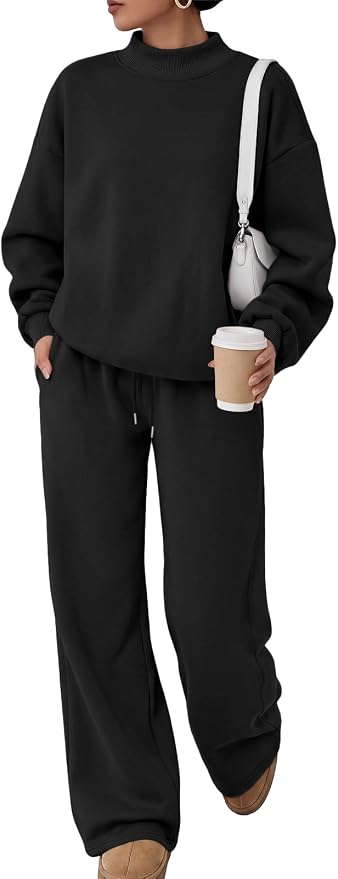 Trendy Queen Womens 2 Piece Sweatsuit Fall Sweat Outfits Lounge Sets 2026 | Soft Fleece Interior, Chic Drop Shoulder, Travel Fashion Matching, Wide Leg Draping, Elastic Waistband, Deep Side Pockets