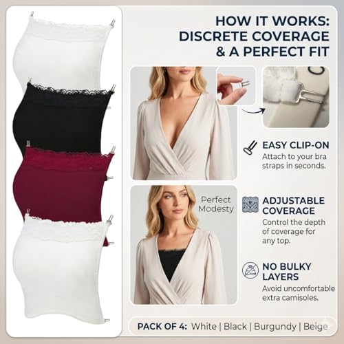 4 PCS Modesty Panel Cleavage Cover Up for Low Neckline - Lace Cami Inserts for Women Low Cut Dresses, Mock Camisole Lace Bandeau Bra Overlay,