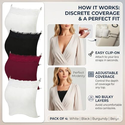 4 PCS Modesty Panel Cleavage Cover Up for Low Neckline - Lace Cami Inserts for Women Low Cut Dresses, Mock Camisole Lace Bandeau Bra Overlay,