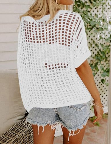 Short Sleeve Crochet Sweater Lightweight Summer Tops Loose Hollow Out Crewneck Pullover
