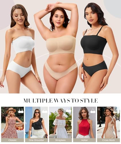 Strapless Bra for Women No Slip Silicone Grip Bandeau Bra with Fixed Pads Convertible Tube Top Bra with Fabric & Clear Straps