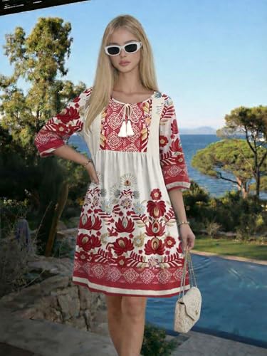 Boho Summer Dresses V Neck 3/4 Sleeve Floral Printed Loose Plus Size Flowy Beach Vacation Dress