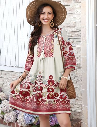 Boho Summer Dresses V Neck 3/4 Sleeve Floral Printed Loose Plus Size Flowy Beach Vacation Dress